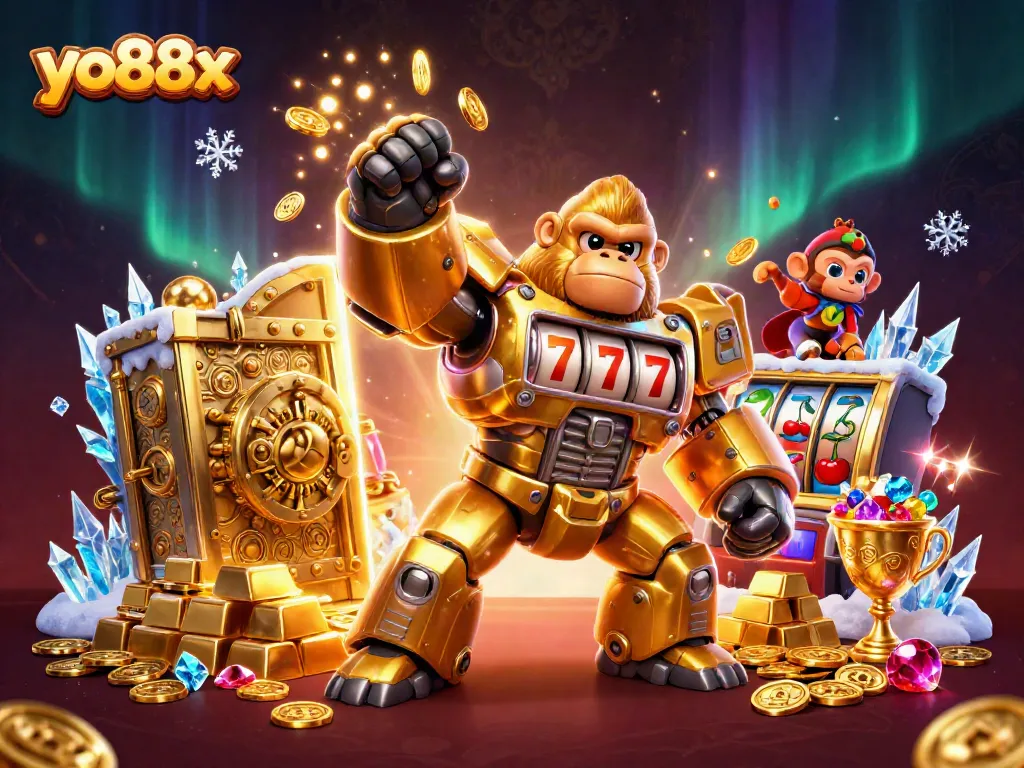 Experience excitement with yo88x in this dynamic golden gorilla mech illustration featuring casino elements.