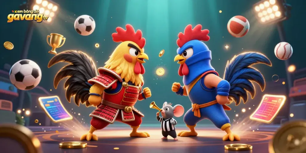 Experience xem bóng đá gavangtv with dynamic 3D cartoon roosters in a thrilling standoff over sports balls.