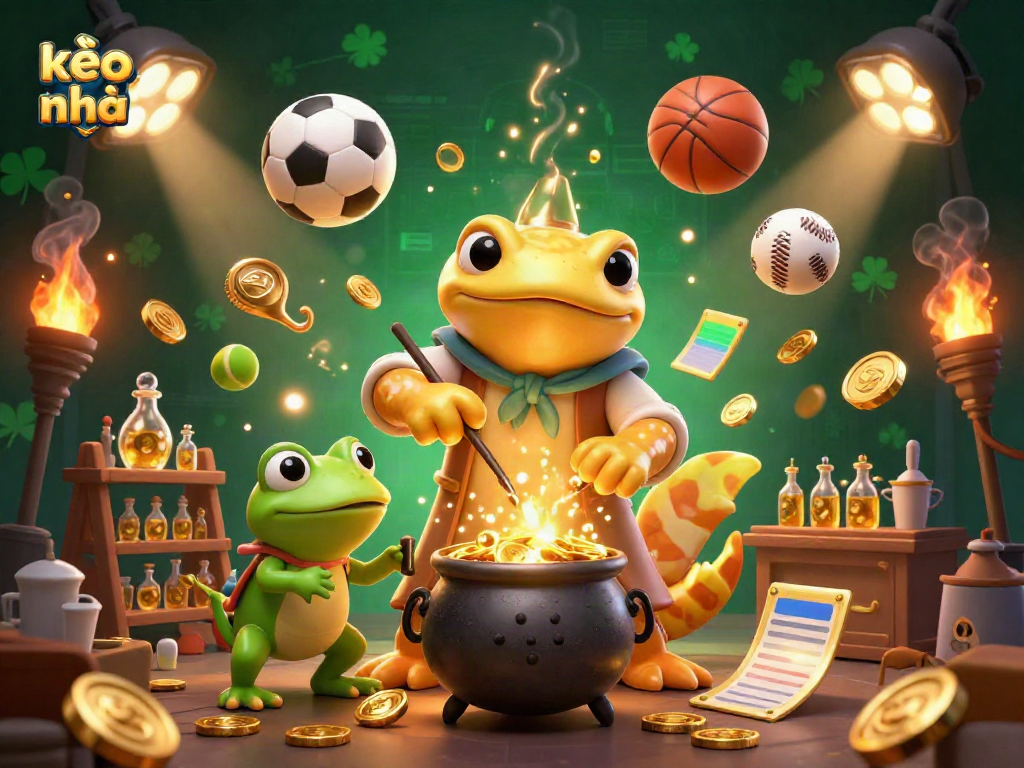 Experience the excitement of kèo nhà cái with a vibrant scene of gold magic, sports action, and elixirs.