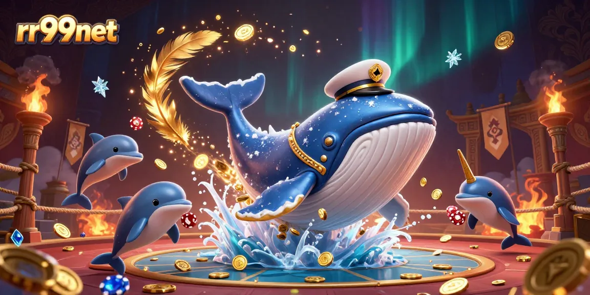 Experience the thrill of rr99net with a dynamic 3D casino scene featuring playful cetaceans and vibrant game elements.