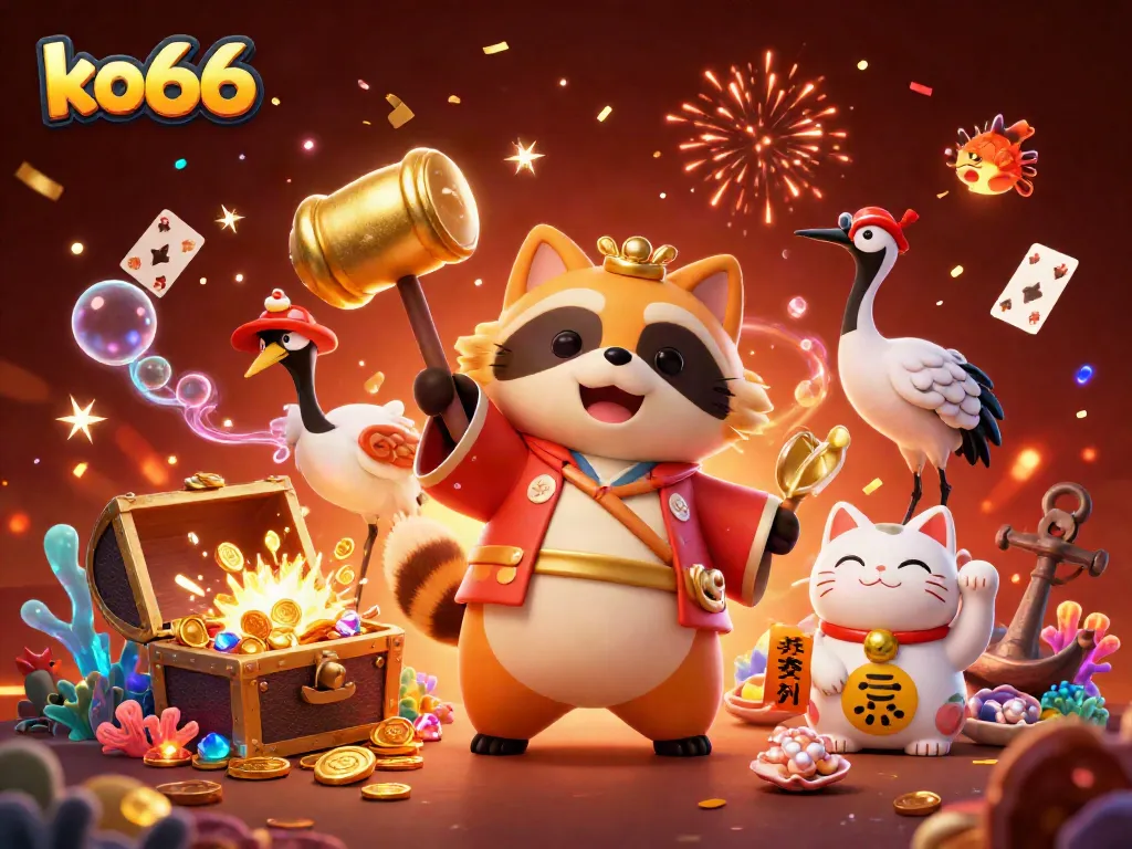 Join the fun at ko66 casino with our vibrant illustration featuring a lucky tanuki and celebrating symbols of fortune.