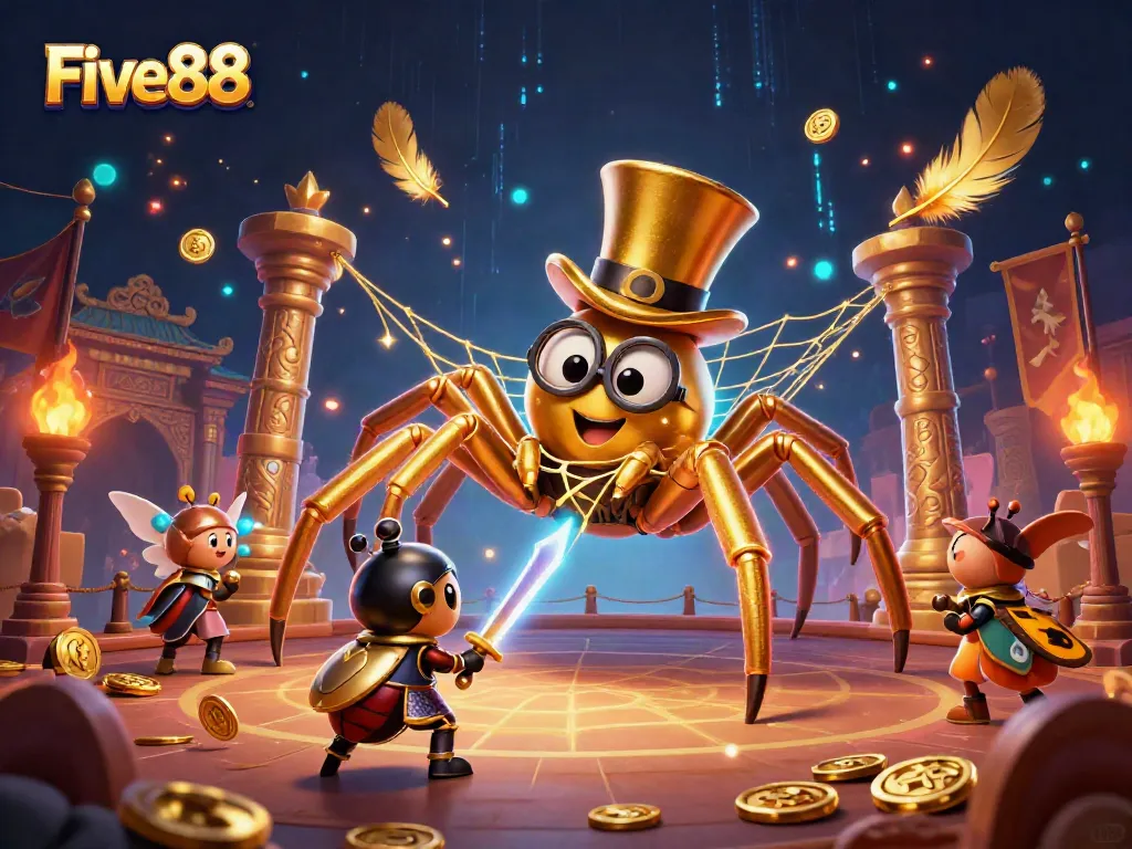 Engage in thrilling gameplay at Five88 with a giant tarantula, beetle knight, and vibrant casino elements.