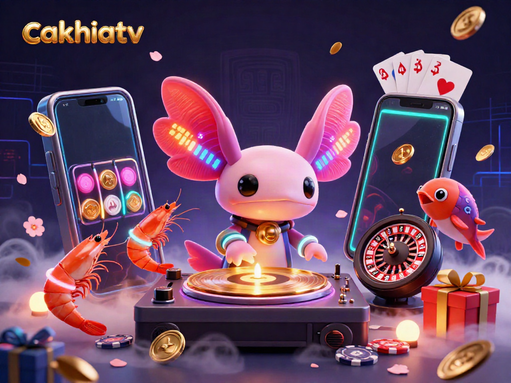Experience exciting games on cakhiatv with our vibrant 3D scene featuring a DJ axolotl, dancing shrimp, and engaging slot games.