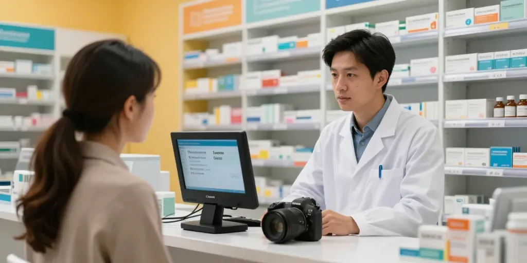 Pharmacist consulting on Tramadol and Codeine in UAE pharmacy.