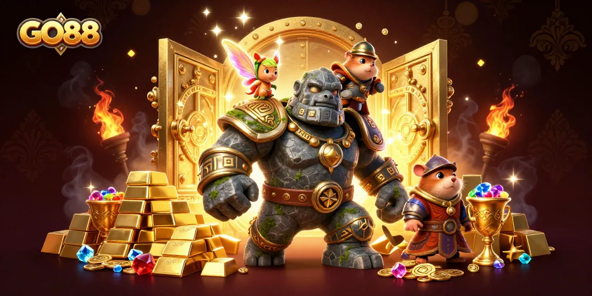 GO88 stands out with a vibrant 3D scene featuring an ancient golem guardian, magic, and jackpot treasures.