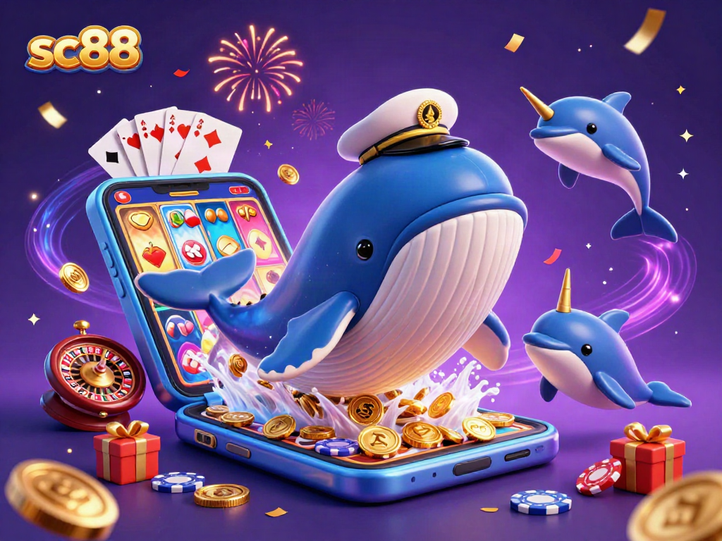 Engage with the thrilling world of sc88 casino gaming featuring whale and friends amidst gold coins.