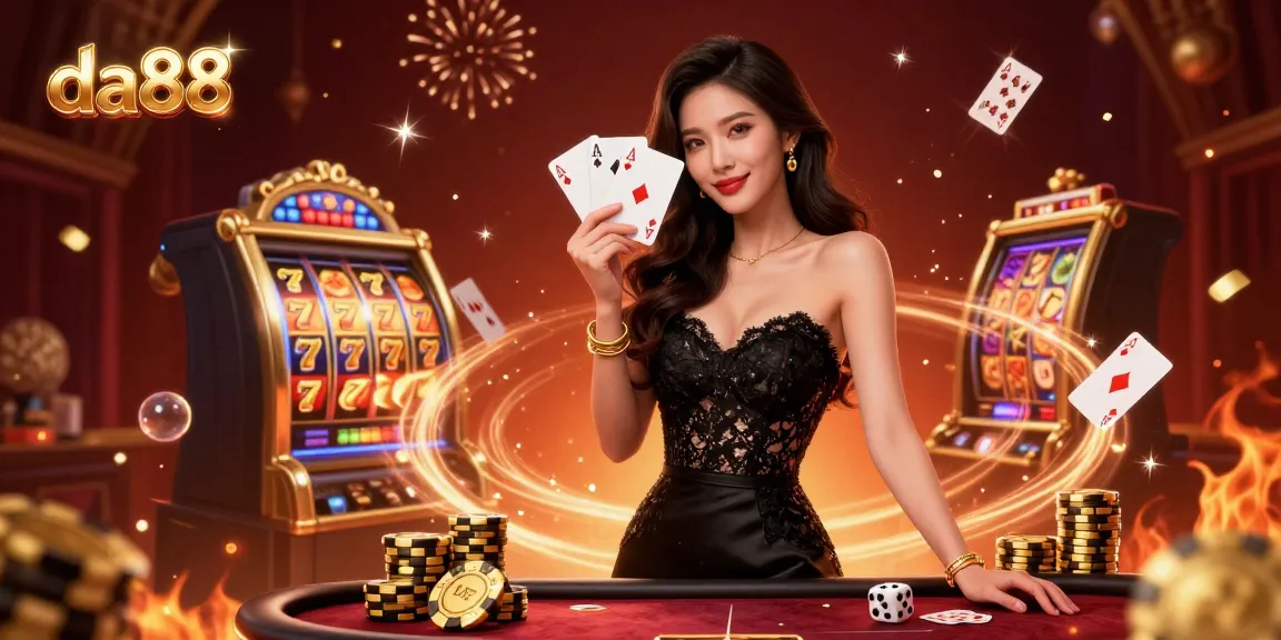 Experience the thrilling da88 casino action with an elegant dealer amid slot reels and playful elements.