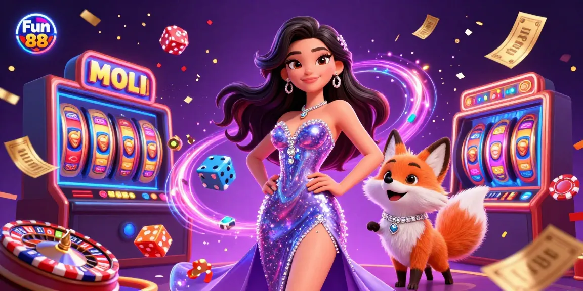 Engage in winning fun with Fun 88's thrilling casino scene featuring vibrant slots and roulette.