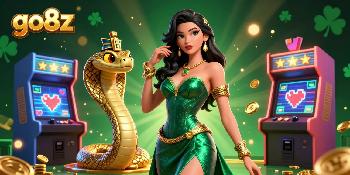 Engage in thrilling gameplay with go8z as the stunning 3D characters surround colorful casino elements and arcade machines.