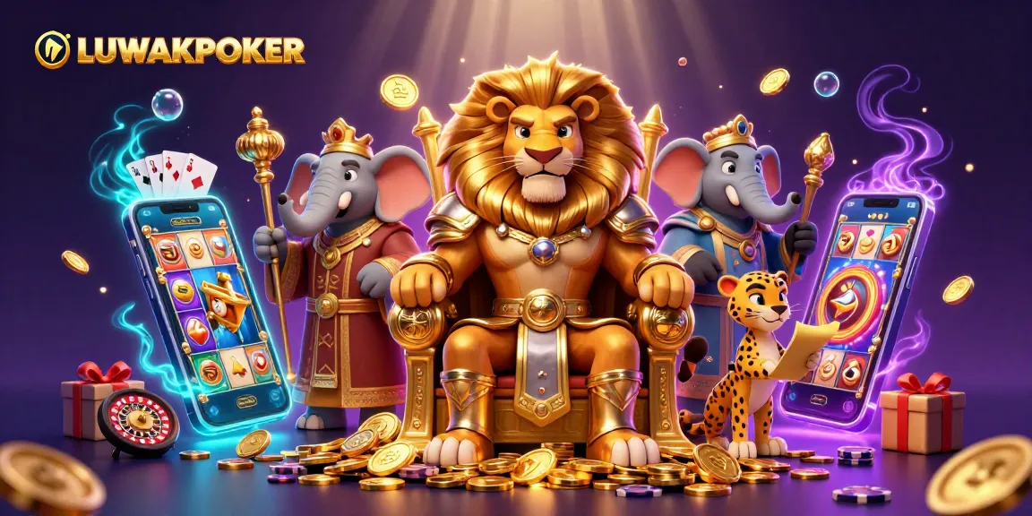 LUWAKPOKER features a fierce lion king surrounded by slot elements and vibrant casino action.