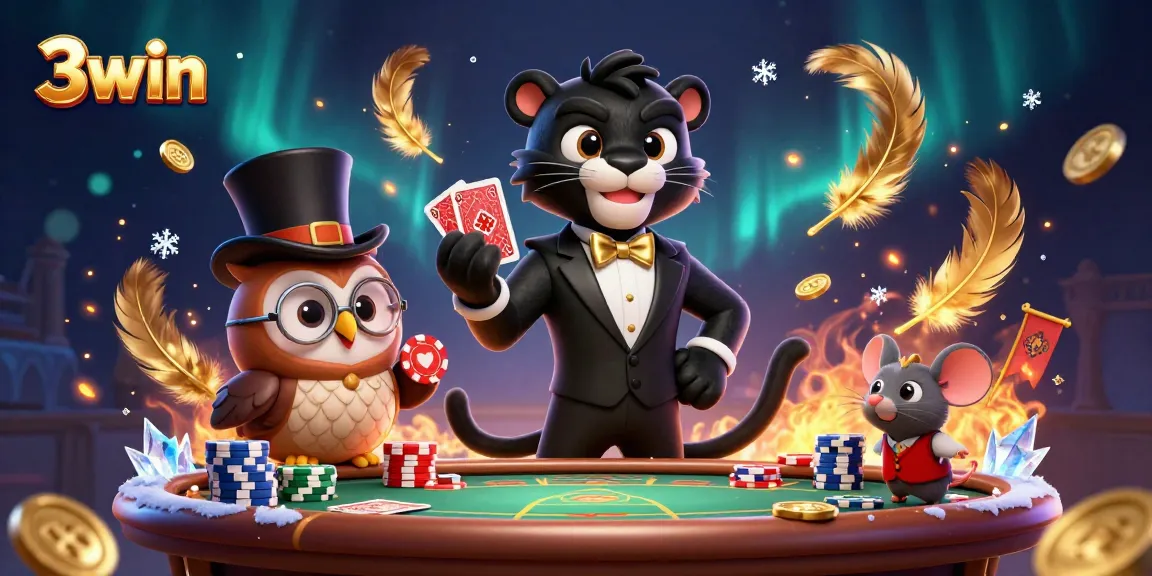 3win casino scene with a stylish black panther dealing cards and playful characters amid poker chips.