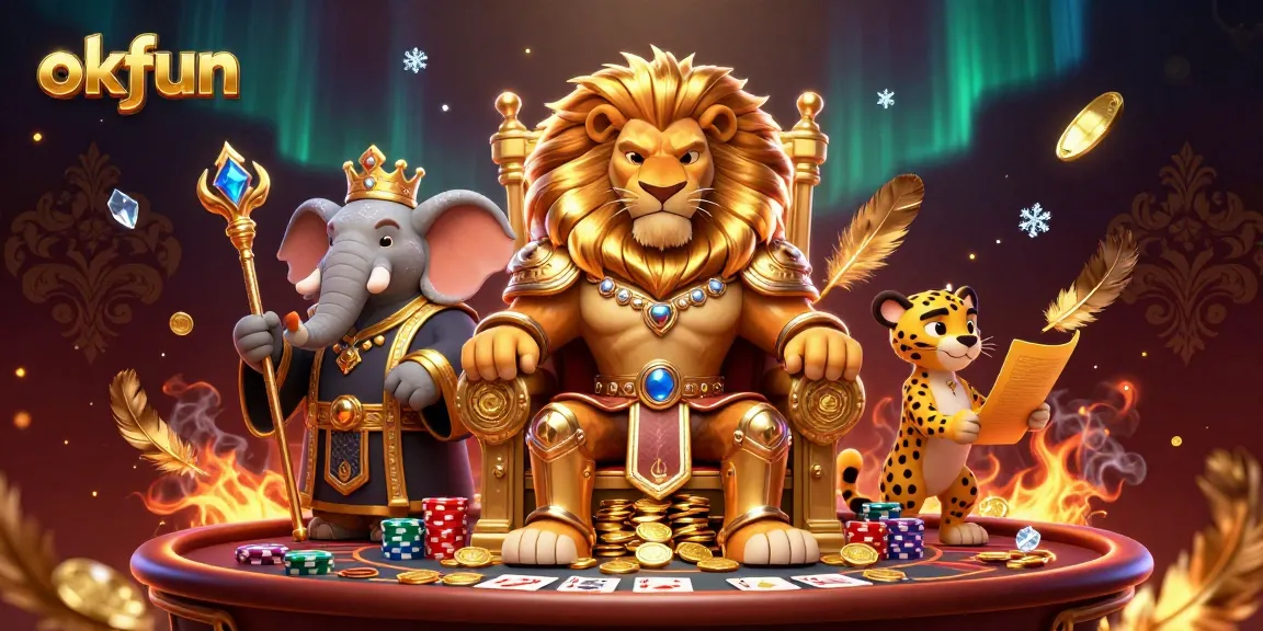 Engage with okfun at a vibrant casino scene featuring a lion king, elephant advisor, and cheetah messenger.