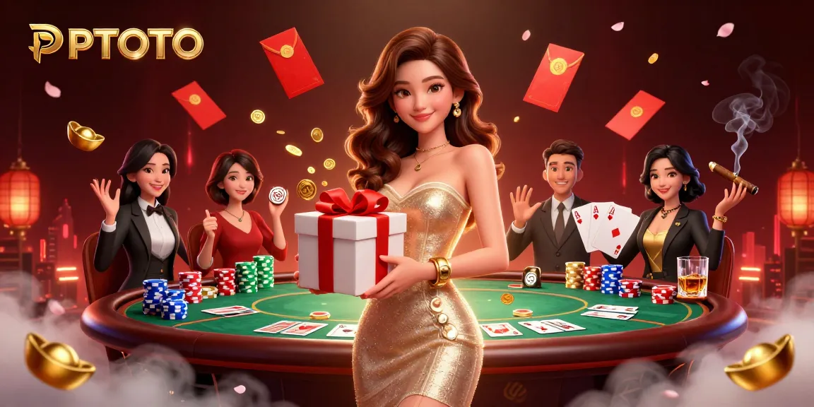 PPTOTO menampilkan pemandangan kasino yang menakjubkan dengan model glamor merayakan kemenangan dengan elemen pesta.