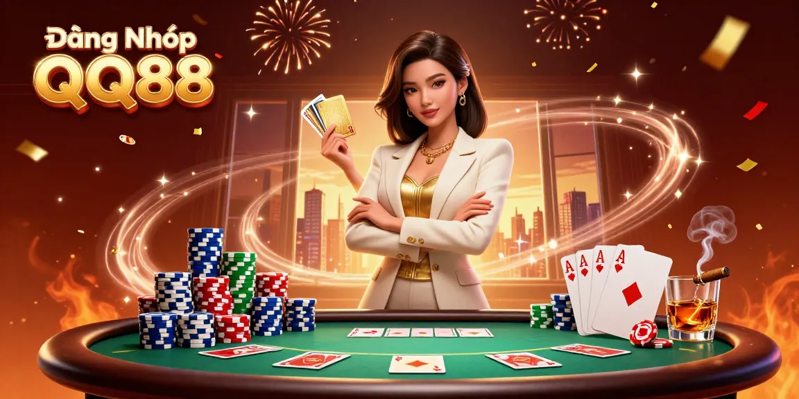 Engage in Đăng Nhập QQ88 with an elegant woman holding cards amidst a lively casino scene.