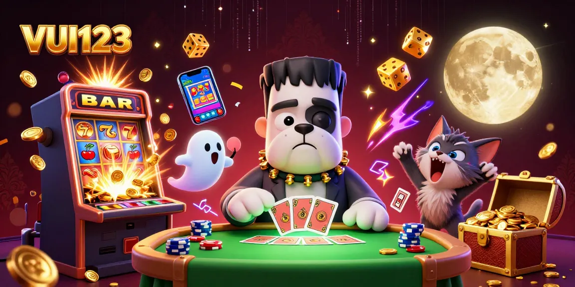 Engage with VUI123's vibrant 3D casino world featuring lively characters at a jackpot table.