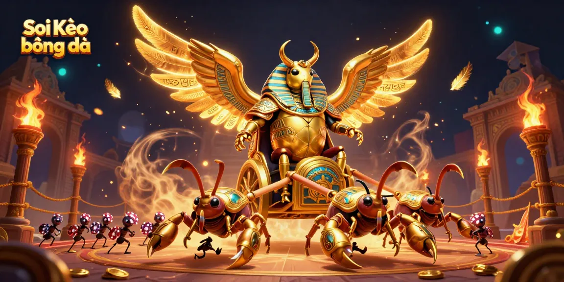 Soi Kèo bóng đá dynamic scene featuring a golden scarab, scorpions, and poker-playing ants