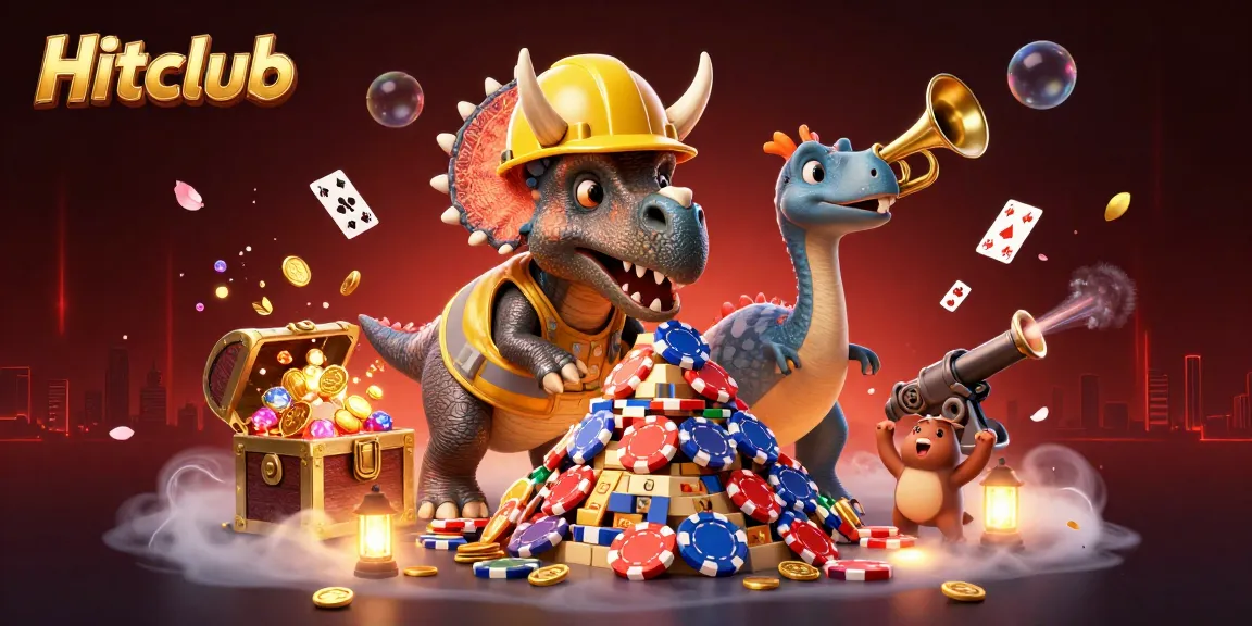 Hitclub showcases triceratops and parasaurolophus celebrating with poker chips, epitomizing fun gambling.