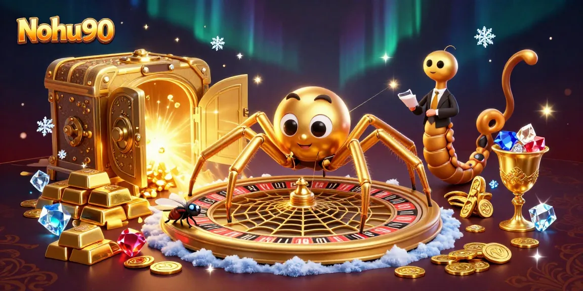 Nohu90 spins thrilling bets in a vibrant casino-themed 3D illustration filled with gold and gems.