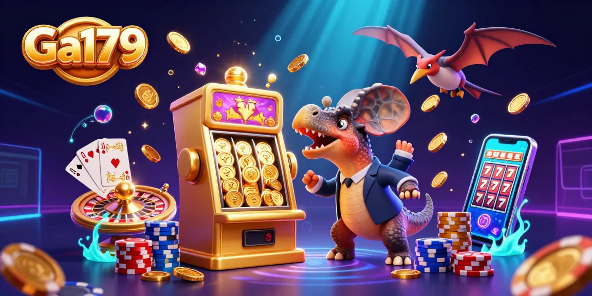 Experience the excitement of Ga179 winning with a cartoon pachycephalosaurus at a golden slot machine amid cascading coins.