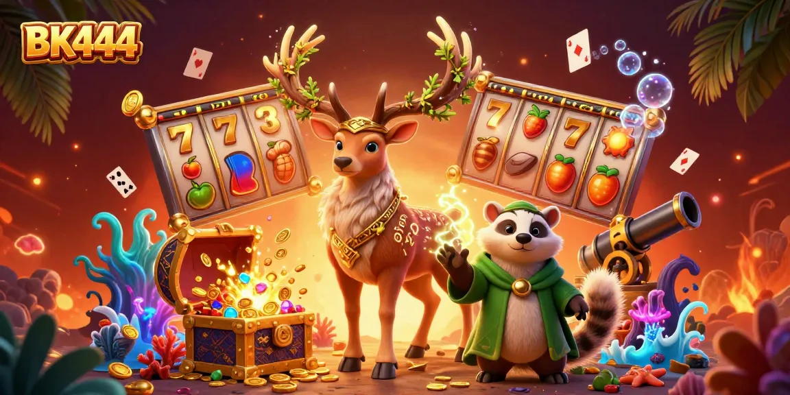 Experience BK444 online betting with dynamic casino characters amidst slot games in a vibrant illustration.