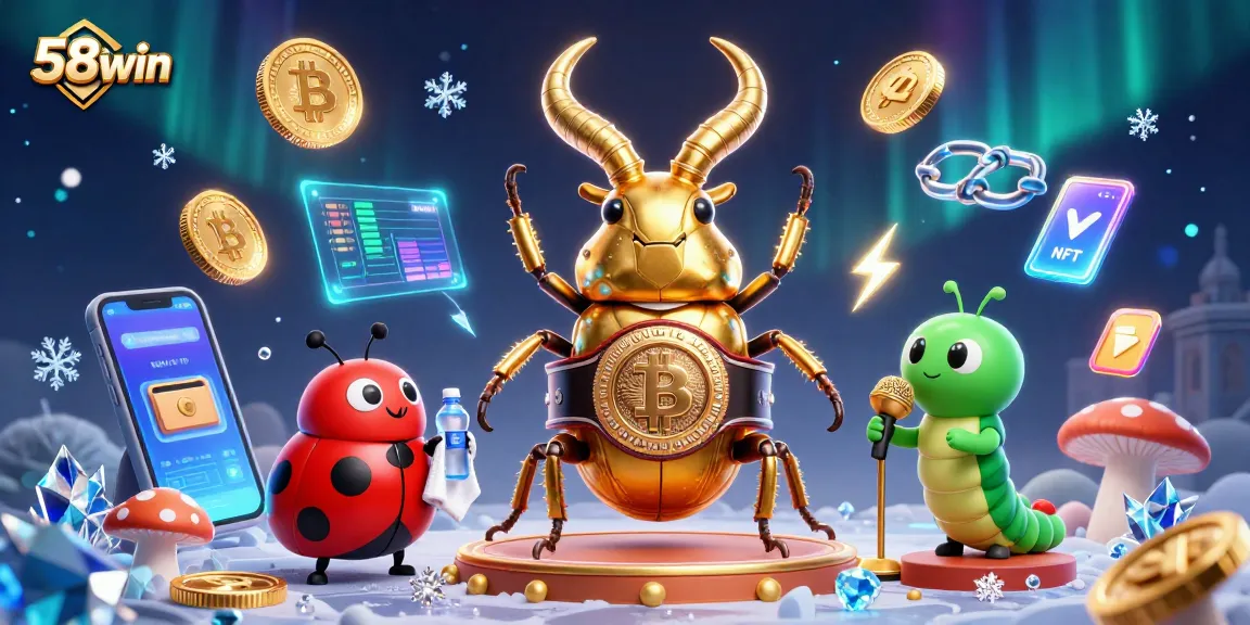 Bet on 58win with a vibrant, cartoon-style illustration showcasing a thrilling gaming scene filled with crypto elements.