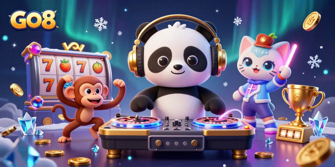 Engage with GO8’s vibrant casino atmosphere highlighted by 3D characters enjoying slot games and big wins.