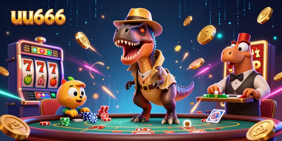 uu666 card counter velociraptor winning big at a blackjack table, surrounded by vibrant casino elements.