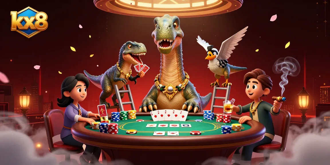 Engage in thrilling card games with kx8 while a humorous brontosaurus watches over an exciting poker table.