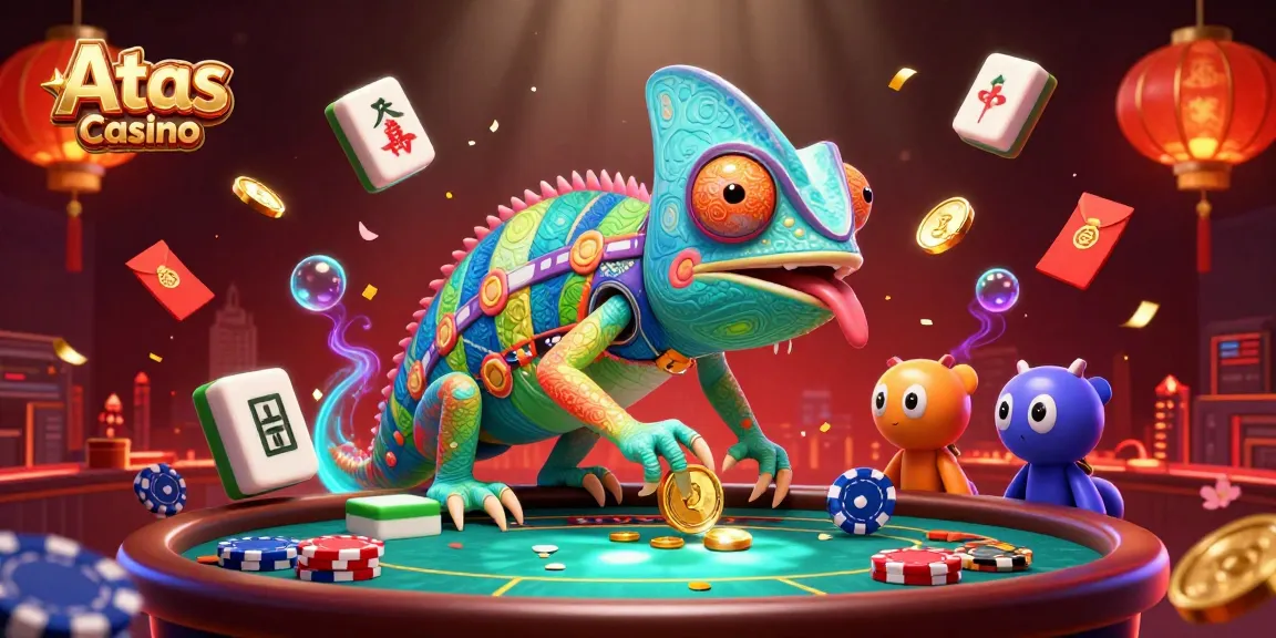 Atas Casino chameleon character entertaining players with golden coins and festive decorations, immersive gambling scene.