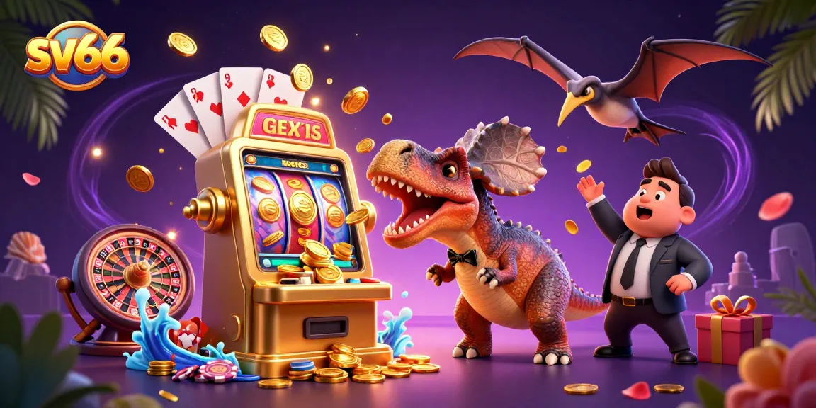 sv66 jackpot scene with cartoon dinosaurs in a casino, featuring a slot machine and flying coins