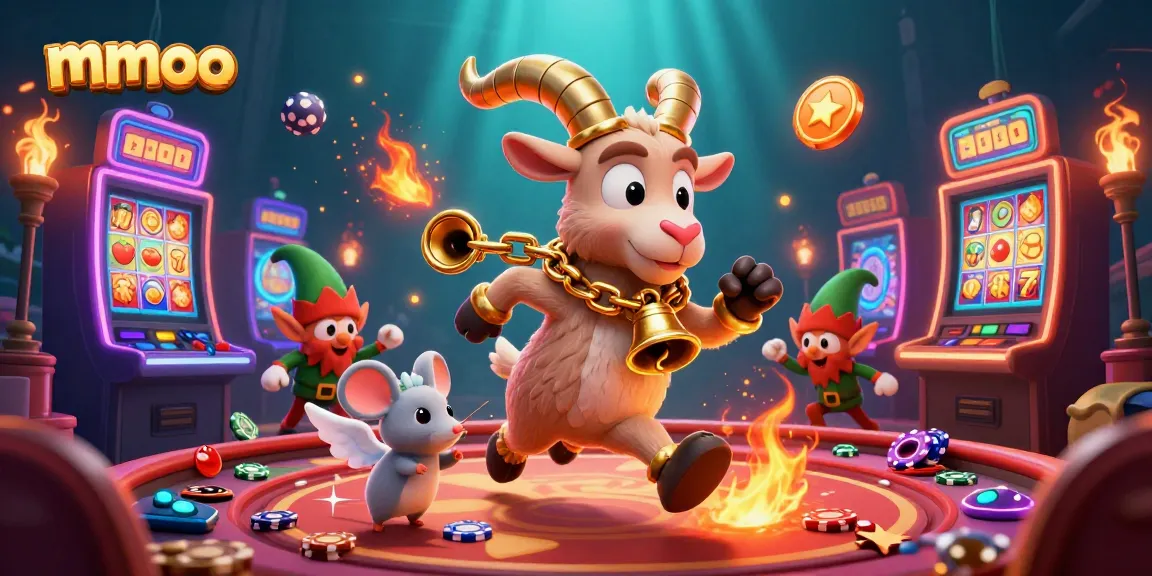 Witness mmoo's festive casino chaos with a Krampus goat controlling fun, animated slot elements surrounding them.