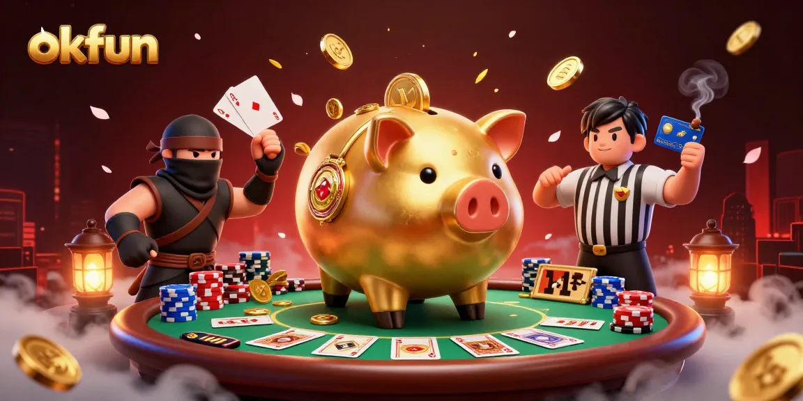 Engage in thrilling gameplay at okfun, featuring a dynamic scene of a golden piggy bank and poker elements.