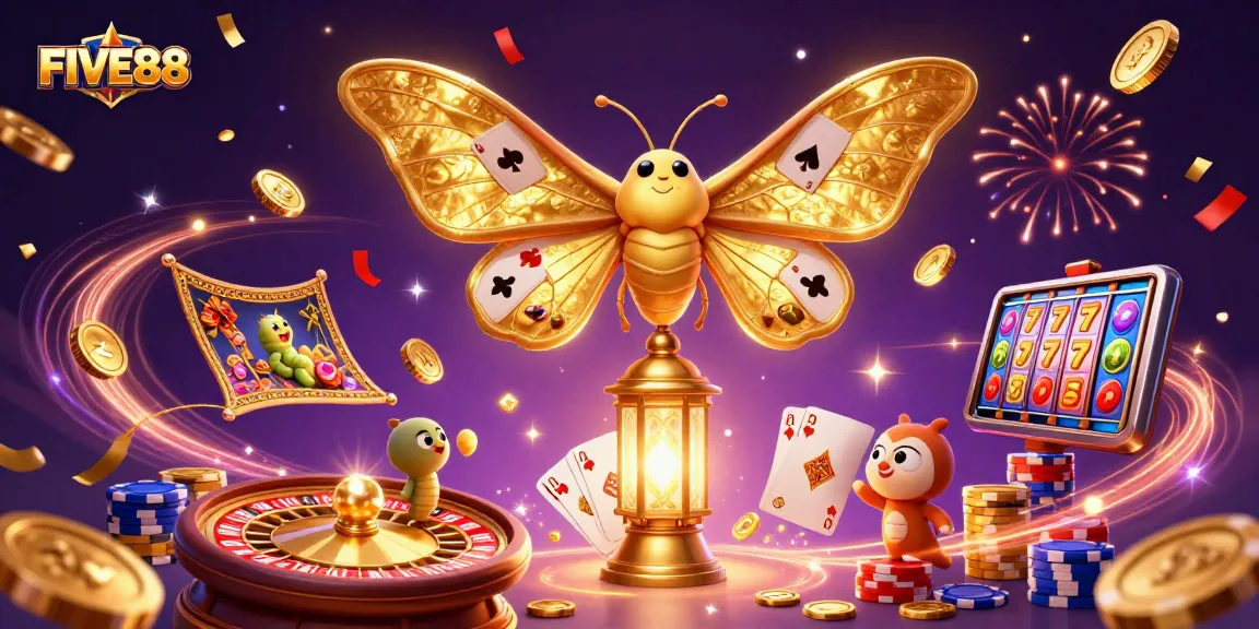 Engage in thrilling casino adventures with FIVE88's majestic moth wrapped in golden casino elements.