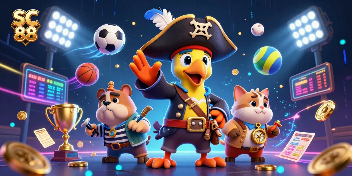 Engage with SC 88 by betting on dynamic sports, featuring animated pirate-themed 3D characters and lively game elements.