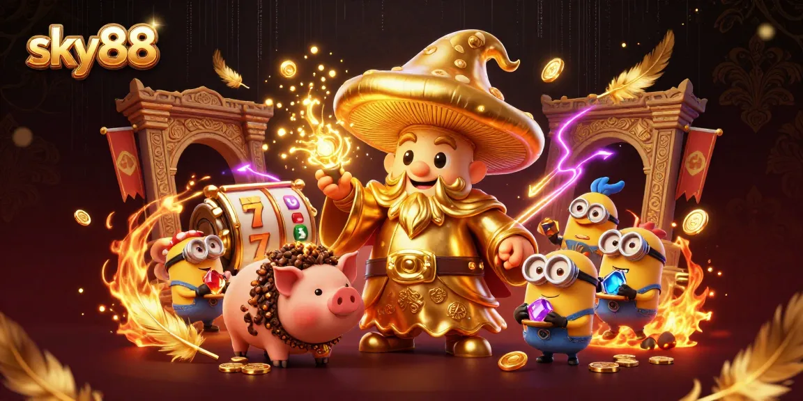 Experience sky88's thrilling slots with a golden wizard and treasure elements in an exciting casino scene.