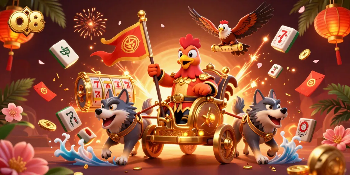 Experience thrilling gaming with O8 featuring a rooster warlord and golden casino elements.