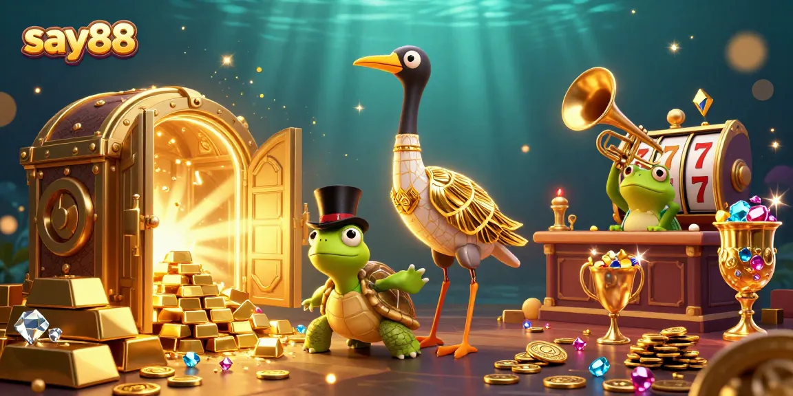 Experience thrilling slots with say88 in this vibrant 3D illustration, featuring whimsical casino characters.
