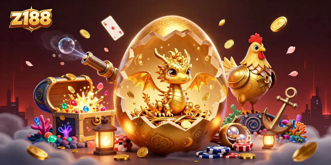 Experience z188's vibrant gaming world with a golden dragon and poker chips in a dynamic 3D scene.