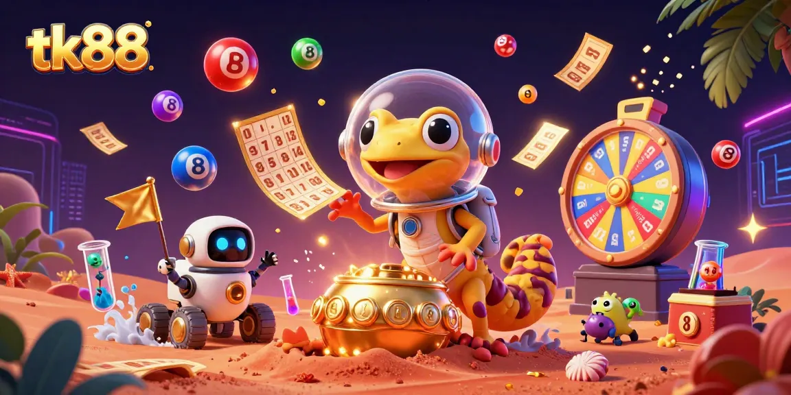Experience thrilling gaming at tk88 with a Martian gecko discovering a golden casino amidst vibrant lottery elements.