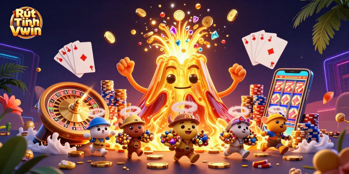 Engage in Rút Tiền VWIN as a golden volcano erupts with treasures and casino elements.