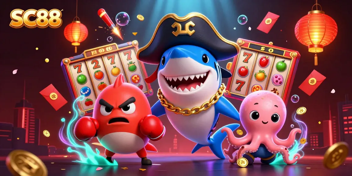 SC88 illustrates players winning big in slots with a cartoon pirate shark, pufferfish sidekick, and octopus holding coins.