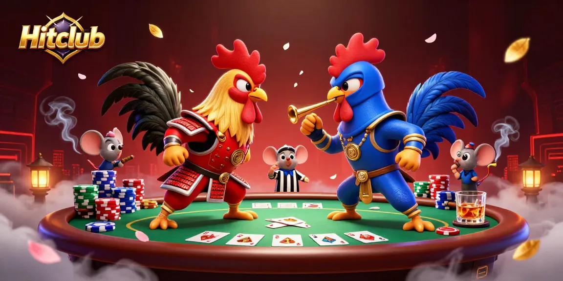 Hitclub offers an exciting 3D casino showdown with animated roosters battling on a vibrant poker table.