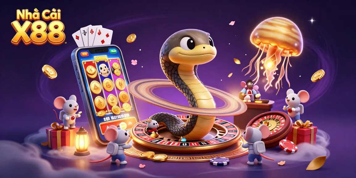 Engage with Nhà Cái X88's vibrant gambling universe featuring animated games and cosmic characters.