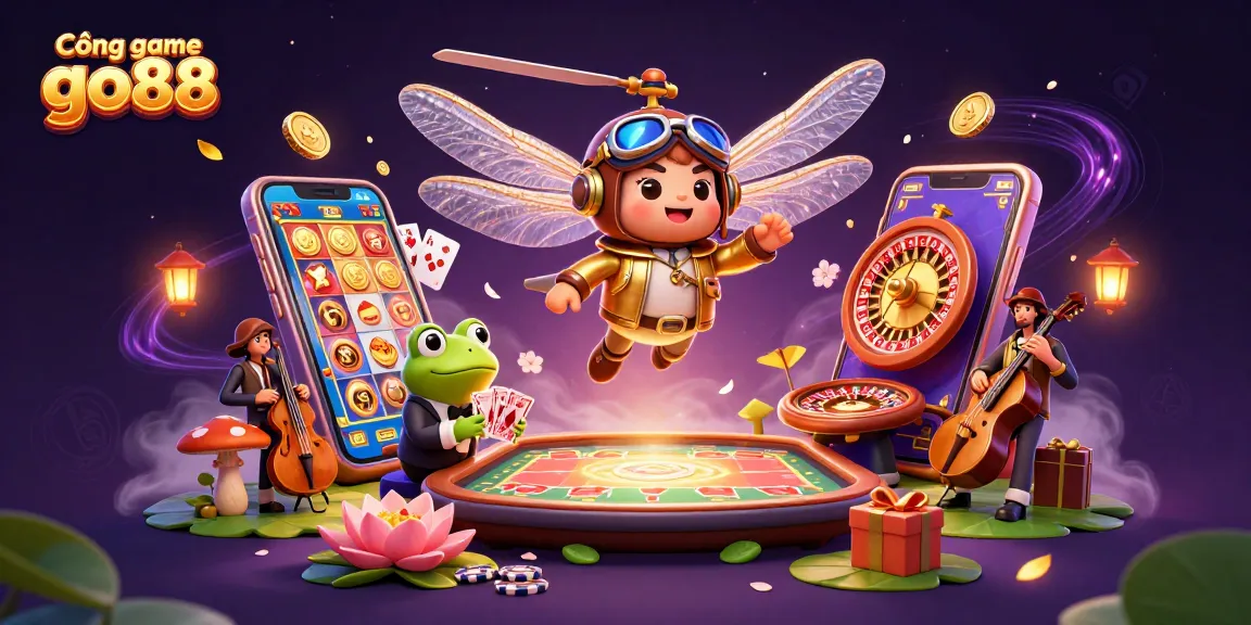Cổng game go88 features a whimsical dragonfly pilot and frog croupier among vibrant gaming elements creating excitement.