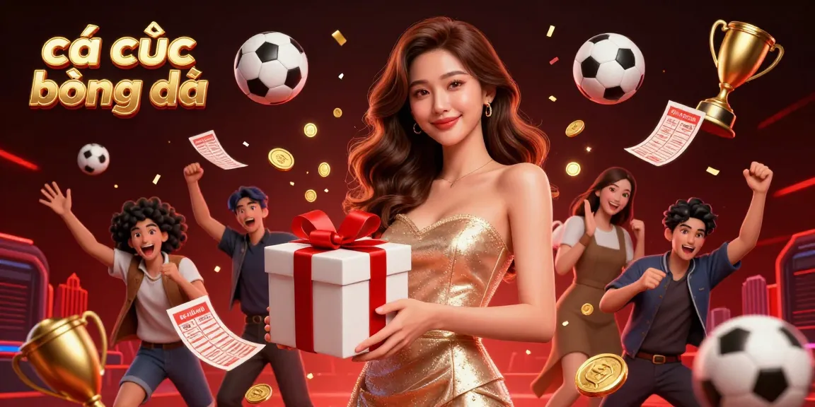 Cá cược bóng đá highlights in vibrant sports betting scene with trophies and coins.