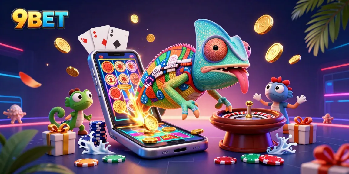 Engage with 9BET's thrilling casino atmosphere, featuring vibrant games and a chameleon owner.