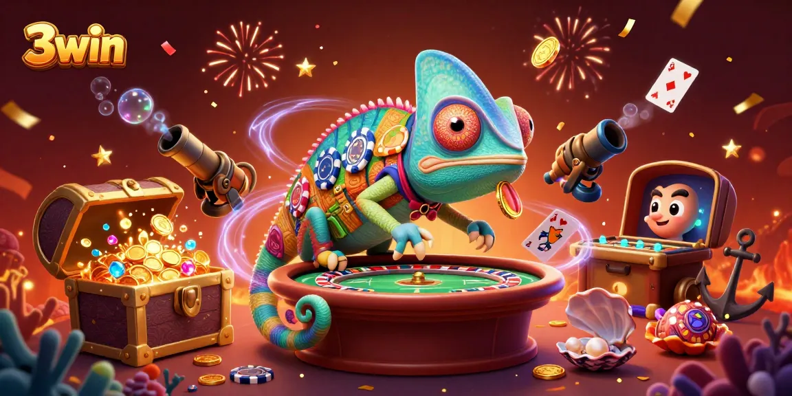 Engage in vibrant 3win casino action with an energetic chameleon dealer and exciting gaming elements.