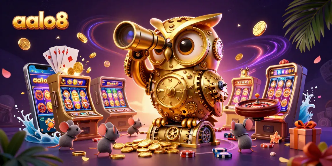 Alo8 captures a golden owl scanning an exciting casino scene filled with thriving slot machines and vibrant game elements.