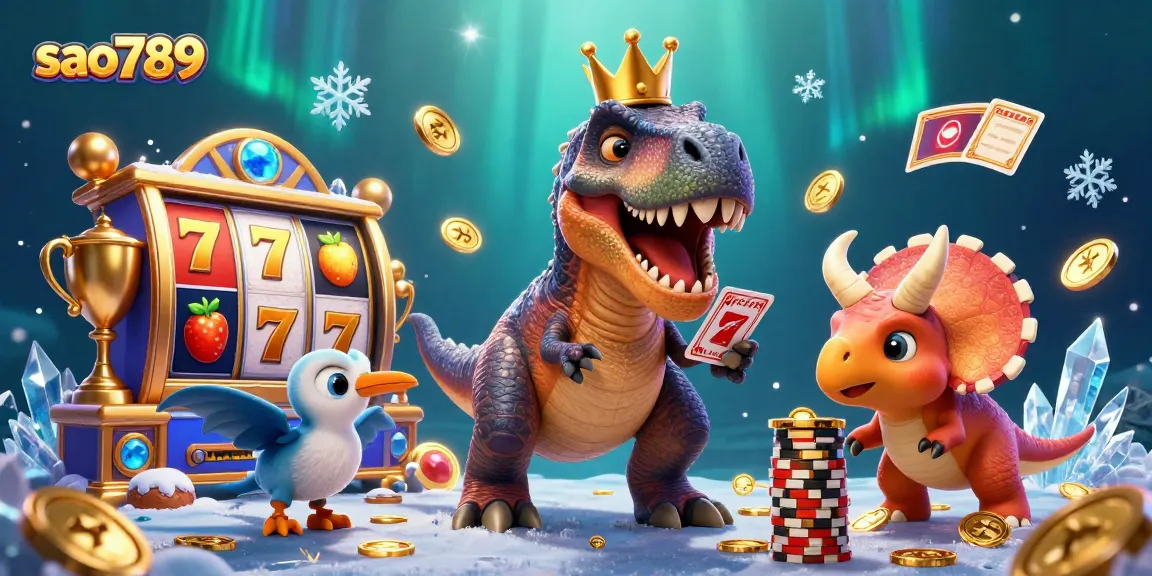 Sao789 players enjoying a vibrant slot game scene with fun dinosaur characters and golden casino elements.