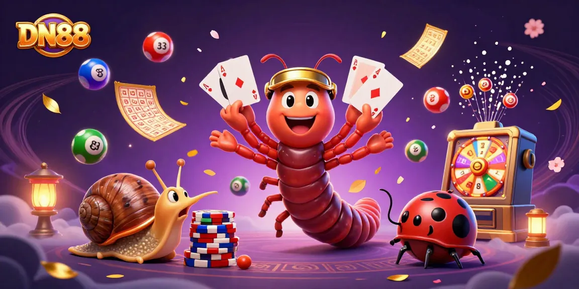 Experience thrilling gameplay at DN88 with vibrant lottery balls, a millipede dealer, and exciting gaming elements.